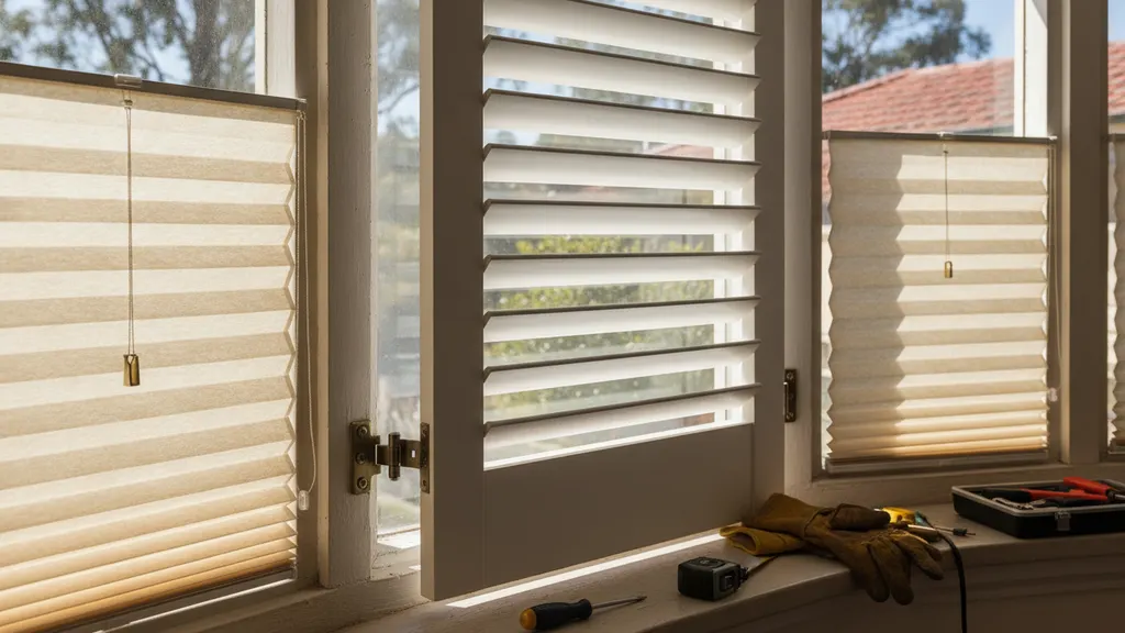 NSW bay window fitted with white timber plantation shutters showing hinged corner posts across three angled panels