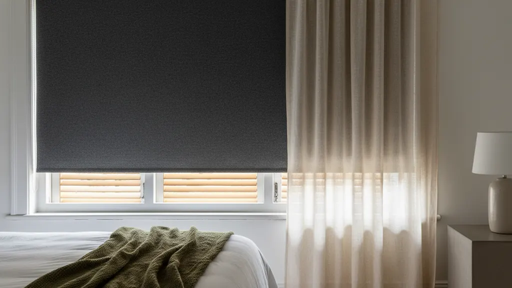Plantation shutters closed across a single-glazed bedroom window in a Temora cottage at sunset