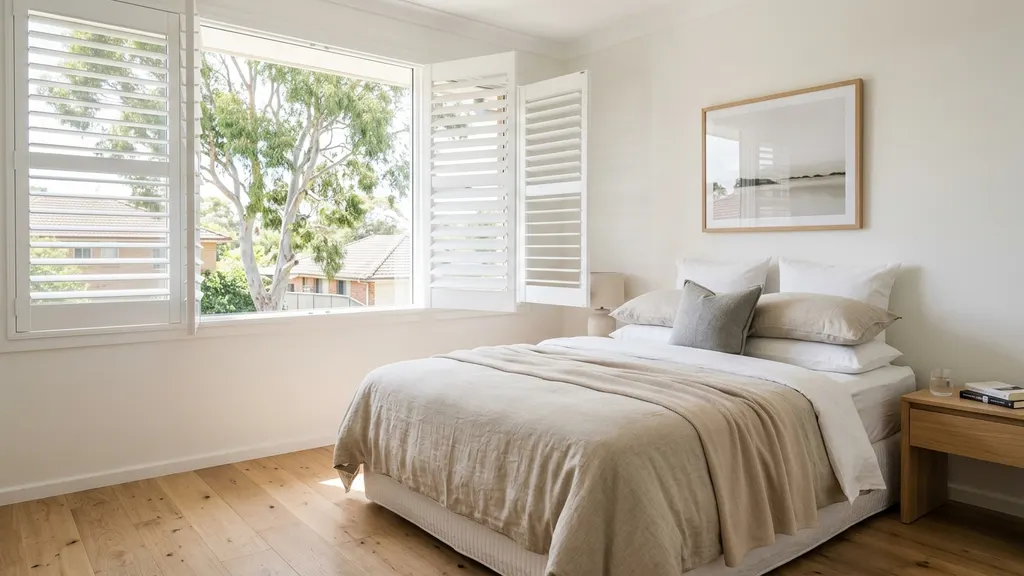 PVC plantation shutters fitted across living area windows in a Griffith NSW rental home