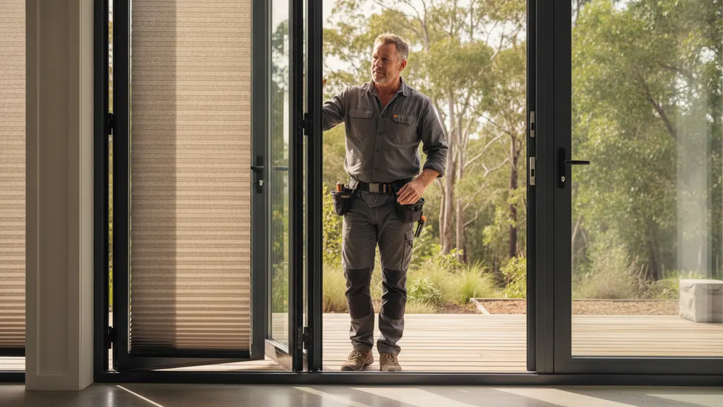 Slim per-panel roller blinds fitted inside a bifold door frame in a NSW living room