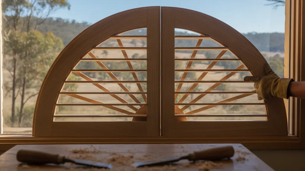 Timber plantation shutter panels fitted to a triangular raked gable window and a round porthole window in a NSW home