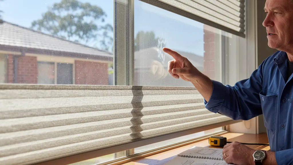 Side-by-side comparison of plantation shutter and double-cell honeycomb blind window installation