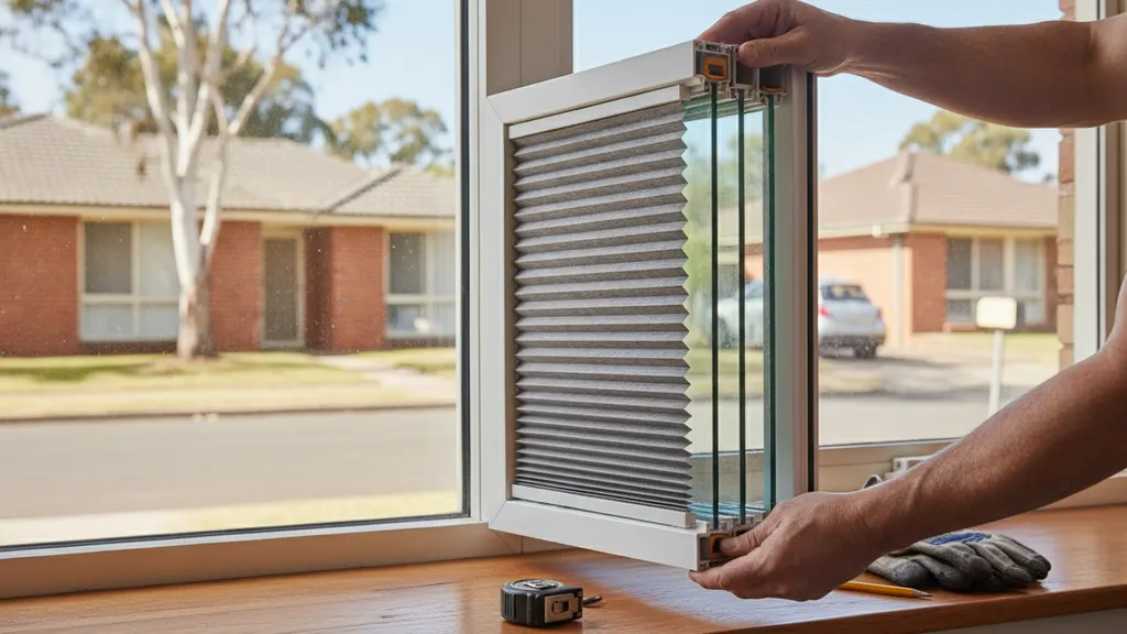 Honeycomb cellular blind and lined curtains layered on a north-facing NSW living room window for thermal insulation