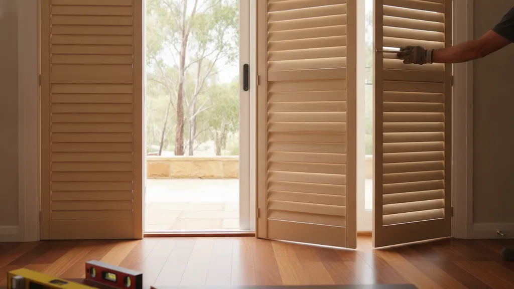 Hinged plantation shutter panels fitted to white French doors opening onto a Riverina back deck