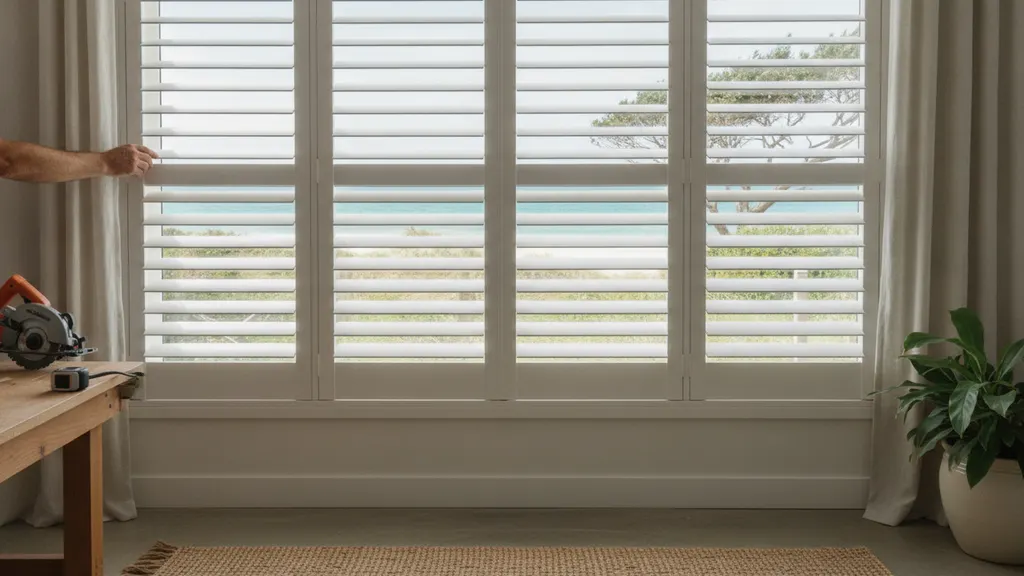 Hamptons style window treatments in NSW coastal home with plantation shutters and layered sheer curtains