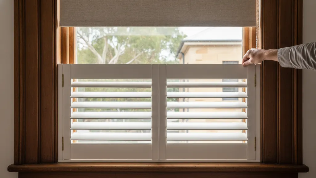Federation cottage double-hung sash window fitted with basswood plantation shutter interior reveal mount preserving original architrave