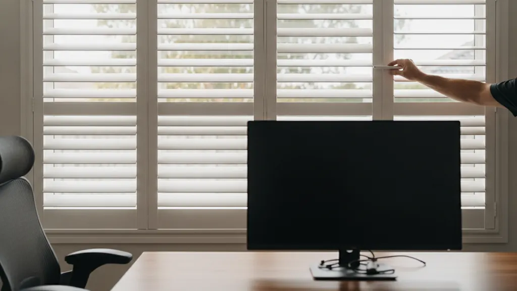 Plantation shutters tilted upward beside a home office desk and monitor in a NSW study