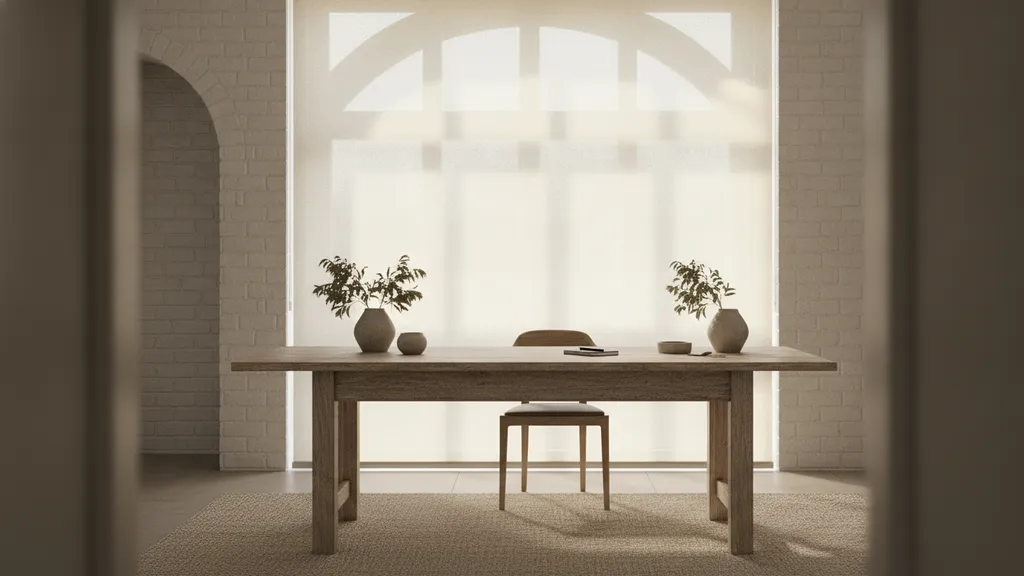 Translucent sunscreen roller blind diffusing afternoon sunlight in a north-facing NSW home office workspace