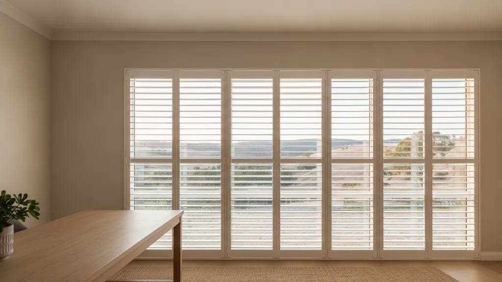 Plantation shutters with louvres tilted upward to redirect afternoon direct beam toward the ceiling in a north-facing Riverina NSW home office