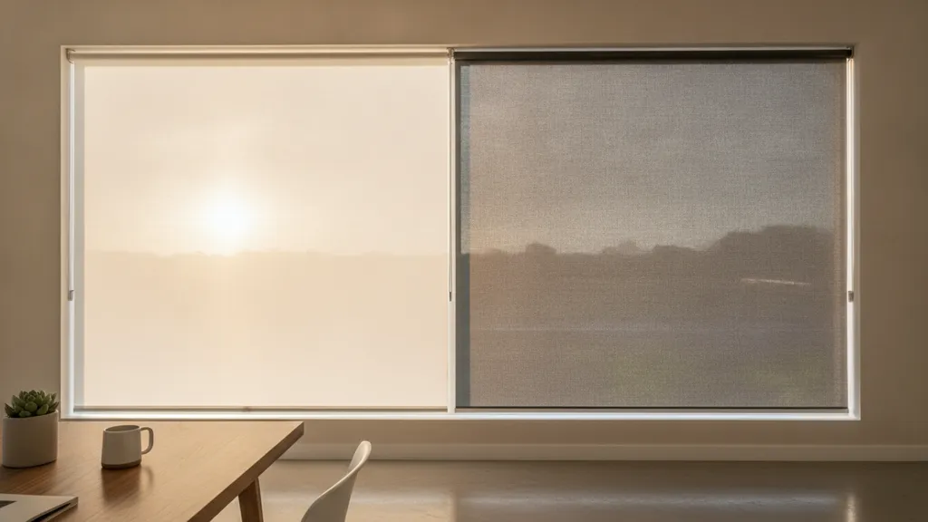Dual roller blind bracket with 5 percent sunscreen and blockout fabrics on a single head rail fitted to a west-facing NSW home office window