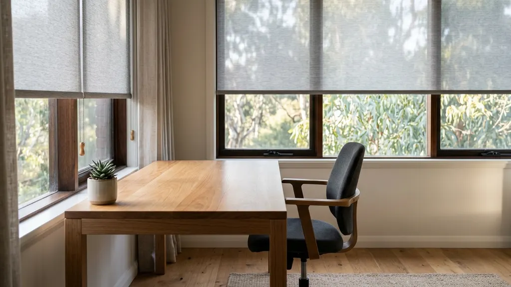 Solar roller blind partially lowered over a north-facing home office window with a desktop monitor showing zero screen glare reflection in a Wagga Wagga study