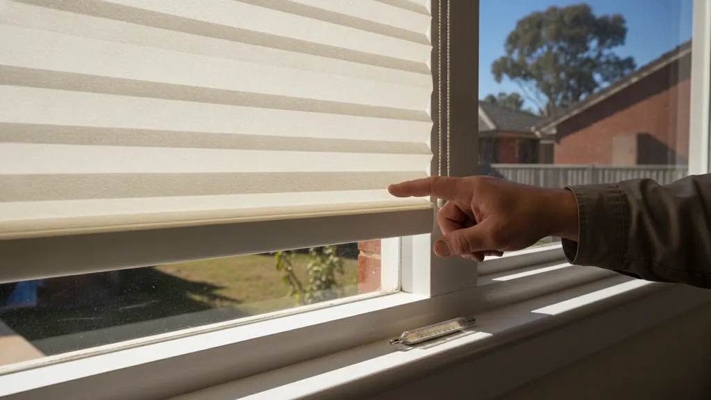 Cross-section diagram of a double-cell honeycomb blind installed on a Riverina NSW window showing trapped insulating air pockets between fabric layers