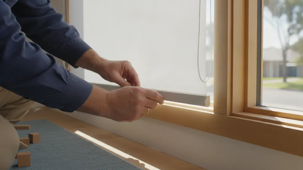 Cordless blockout roller blinds fitted to a west-facing NSW child's bedroom with a low cot and no accessible cords