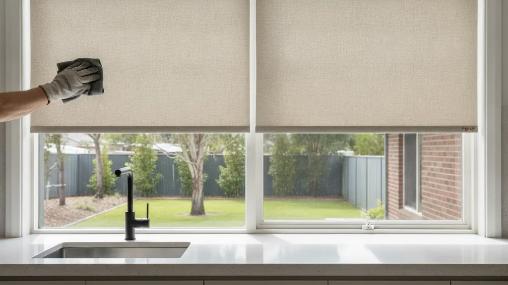 PVC-coated roller blinds fitted beside a Riverina kitchen window with stone splashback and induction cooktop