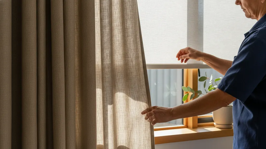 Lined S-fold curtains layered over a dual roller blind in a west-facing NSW living room