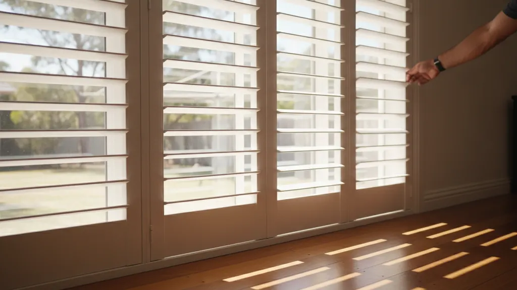 Afternoon sun angled through 89mm plantation shutter louvres in an open-plan NSW living room, cutting glare across the television
