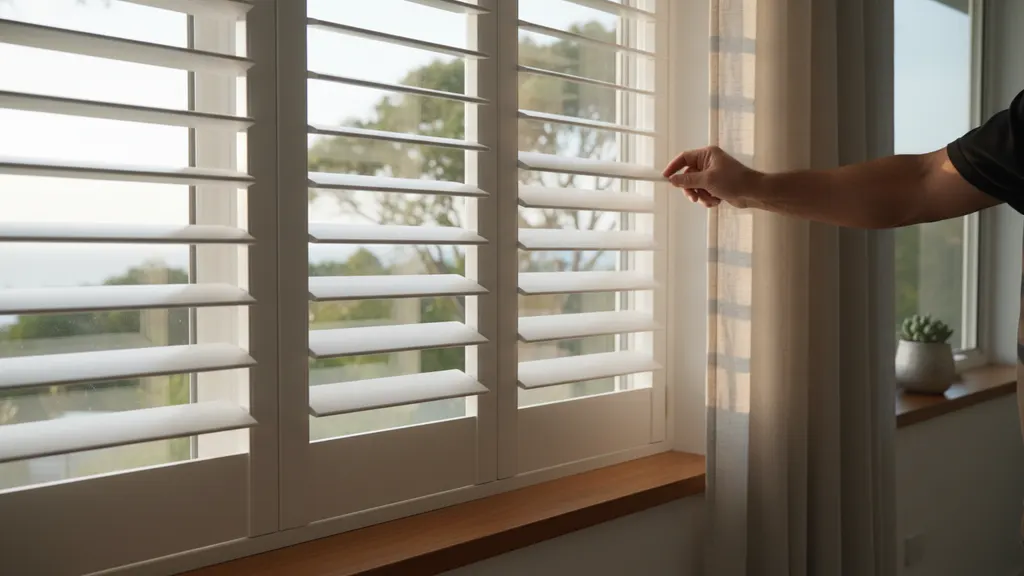 Painted basswood plantation shutters fitted to a west-facing living room window in a Riverina NSW home