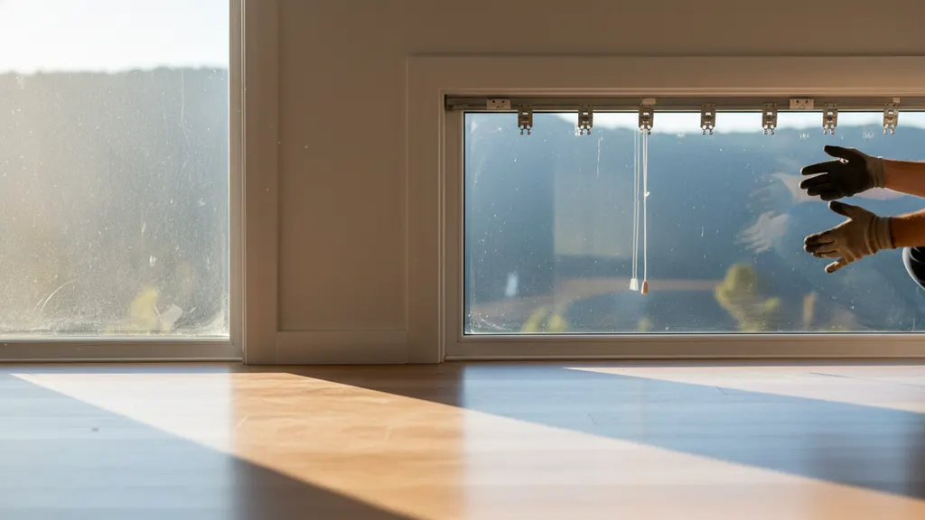 S-fold sheer curtains layered over block-out roller blinds in a contemporary NSW living room