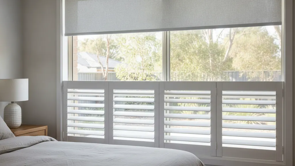 Master bedroom in a Riverina home with layered blockout roller blinds and sheer curtains framing the window