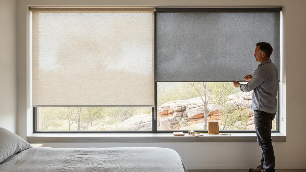 Master bedroom window treatments Australia layered blockout roller blinds and lined curtains NSW installation