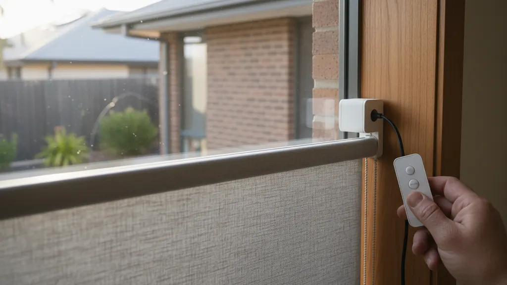 Motorised roller blind motor and battery pack installed inside a NSW window head box