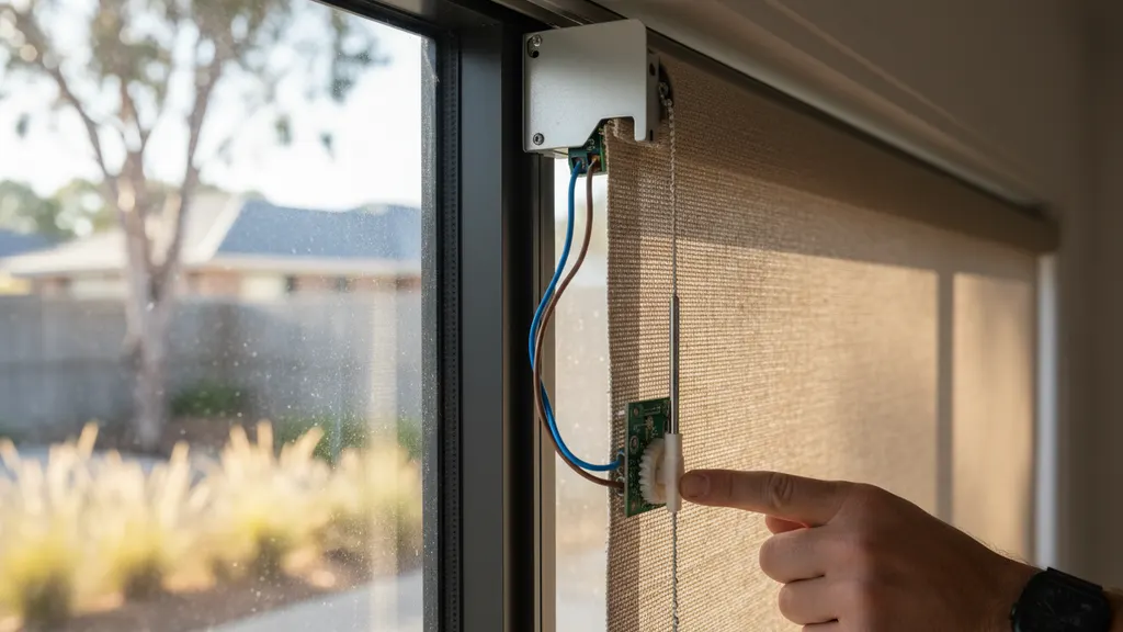 Lead installer fitting a motorised plantation shutter into a brick reveal in a Riverina farmhouse