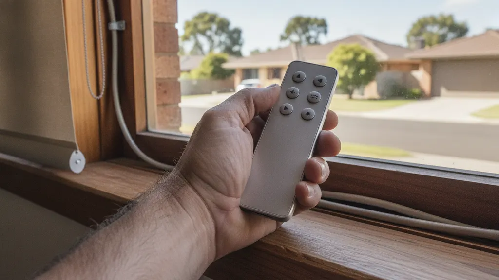 Motorised plantation shutters tilting closed across a wide western living room window in a Riverina home