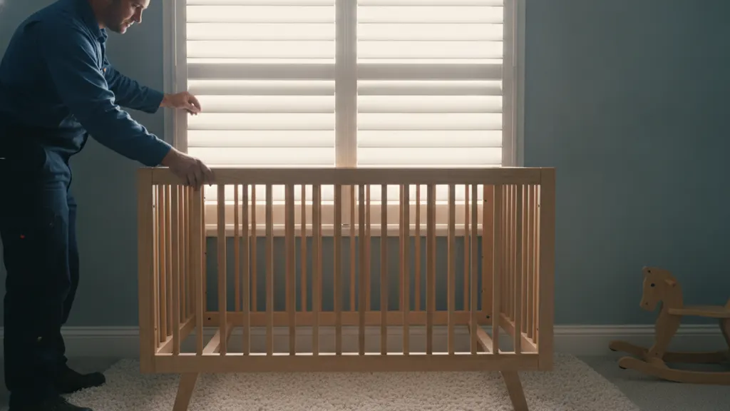 Cord-free plantation shutters fitted to a nursery window beside a cot in a NSW home