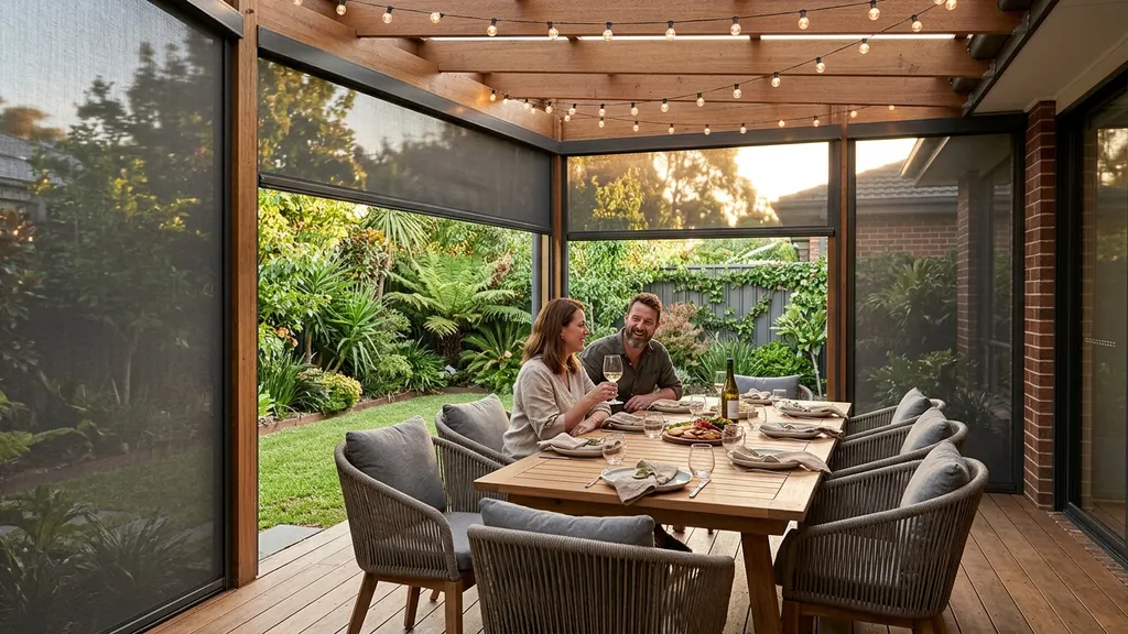 Annual maintenance rinse on outdoor mesh blinds at a Wagga residential alfresco using a soft garden hose