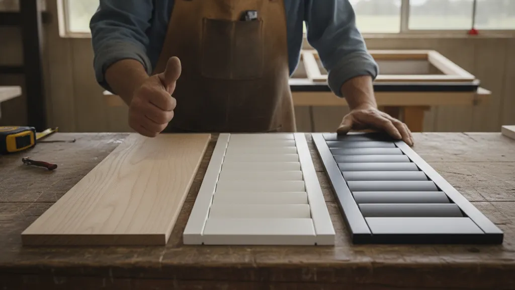 Basswood, PVC and aluminium plantation shutter blades lined up side by side for comparison on a Riverina workbench