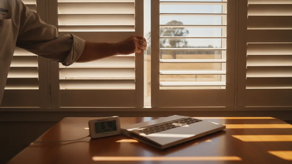 Closed basswood plantation shutters insulating a west-facing living room window in a Riverina NSW home during summer heat