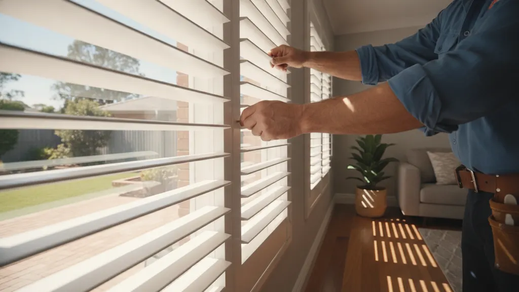 White plantation shutters fitted to a street facing living room window in a Riverina NSW home styled for sale
