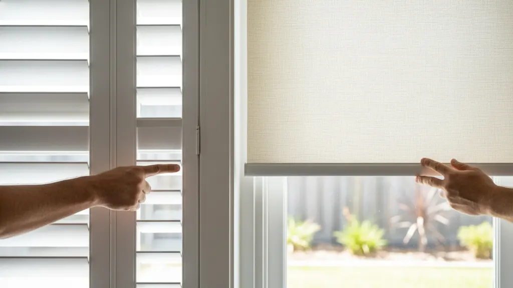 Side-by-side comparison of dual roller blinds and hardwood plantation shutters in a Riverina display home showing fabric and timber finishes