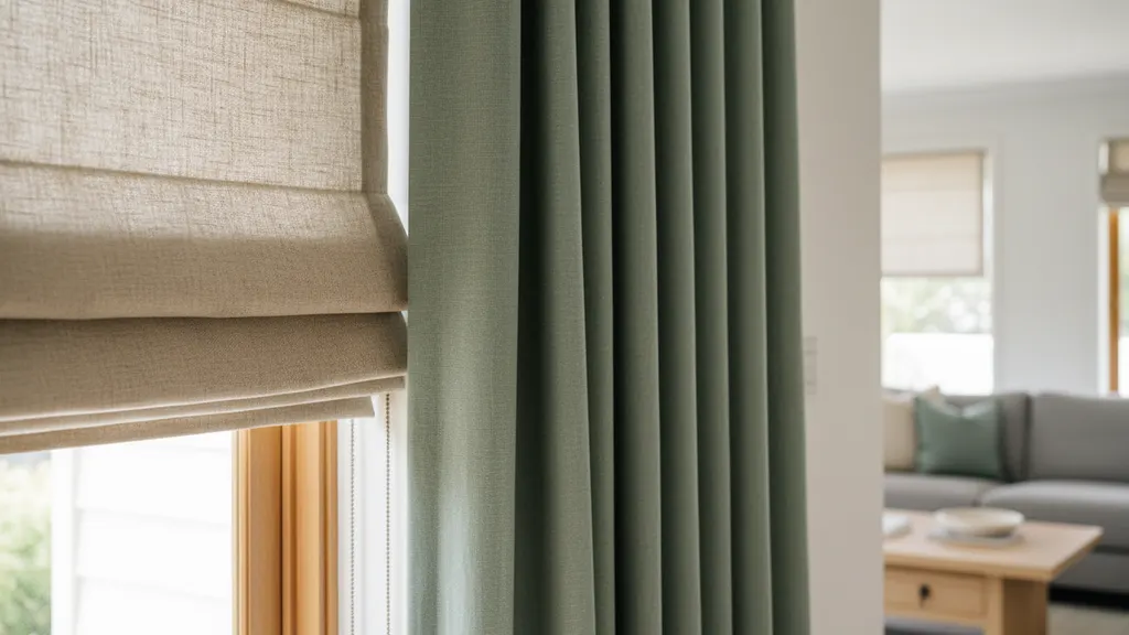 Lined blockout roman blinds and floor length lined curtains compared side by side in a Wagga living room
