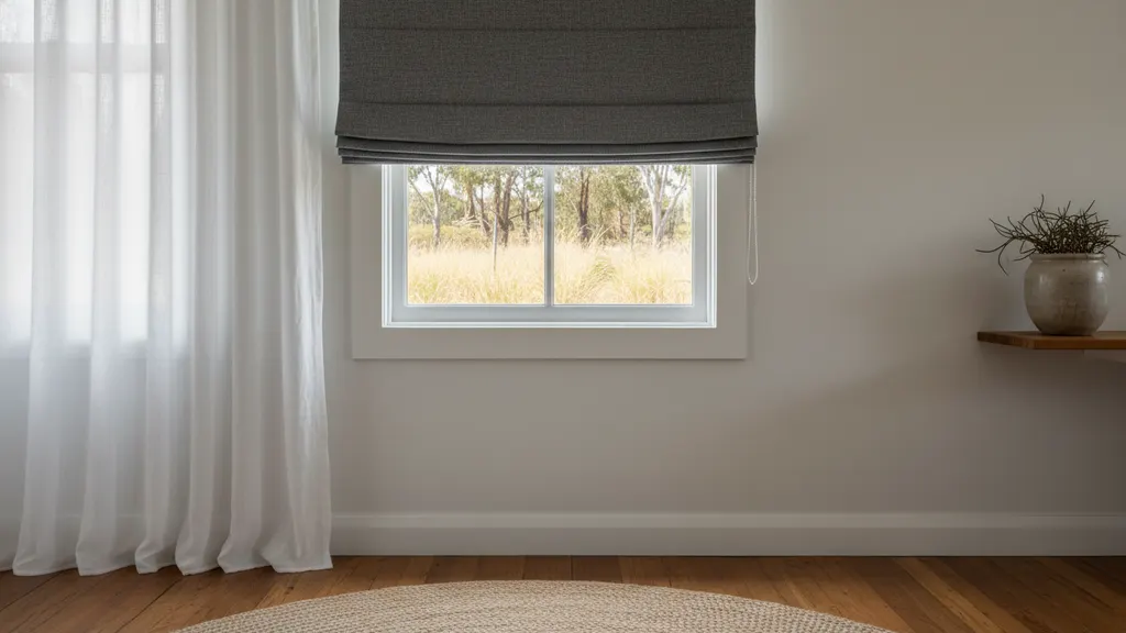 Federation heritage living room with lined curtains beside a modern new build with blockout roman blinds