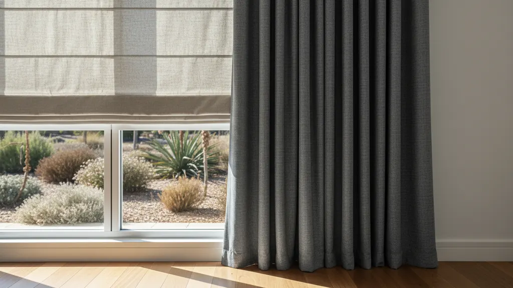 Lounge room window with blockout roman blind raised showing the daytime view of a Riverina garden