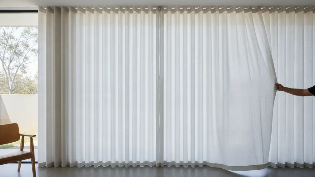 Ceiling-mounted s-fold curtain track with evenly spaced gliders forming regular waves in an NSW living room