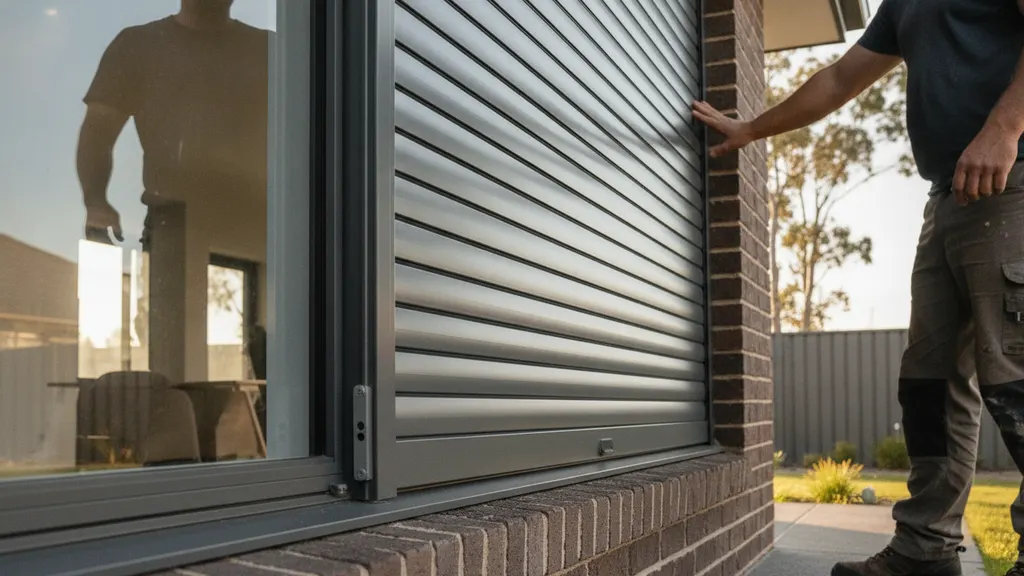Aluminium external security shutters half closed over a street-facing ground-floor bedroom window on a Riverina brick home