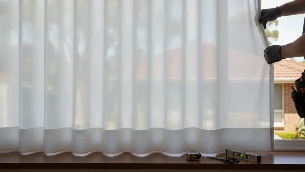 Sheer curtains Australia installation in a north-facing Riverina lounge diffusing afternoon sunlight