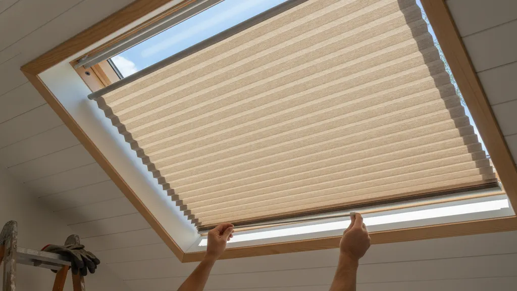Honeycomb skylight blind fitted into a sloped ceiling roof window shading a NSW loft bedroom from afternoon glare