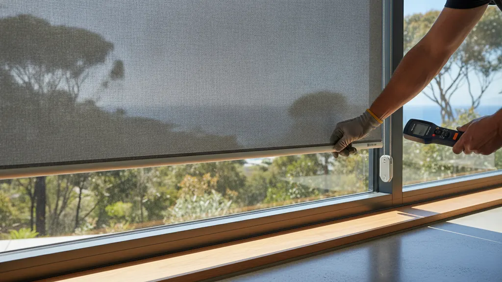 Sunscreen roller blind fitted to a north-facing NSW living room window showing preserved garden view