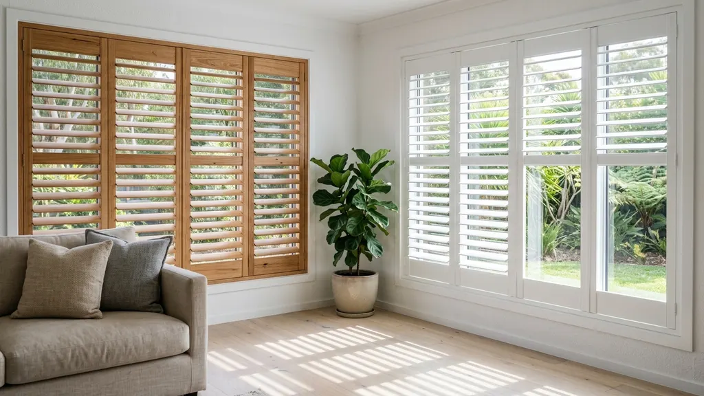 Side-by-side comparison of basswood timber and PVC plantation shutters on Australian windows showing finish texture and blade thickness