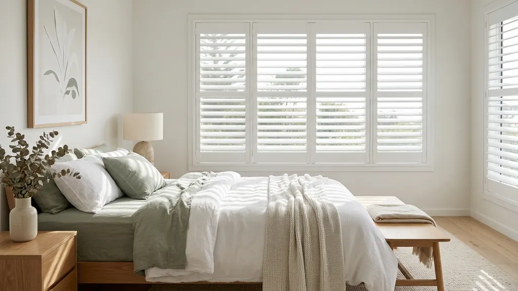 Basswood timber plantation shutters painted warm white in a Riverina living room fitted by LuxeShutters, showing flat square panels after several years in a low-humidity inland environment