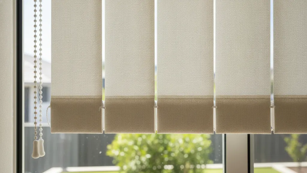 PVC vertical blinds fitted on a 2.4 metre stacker door in a NSW Riverina home interior