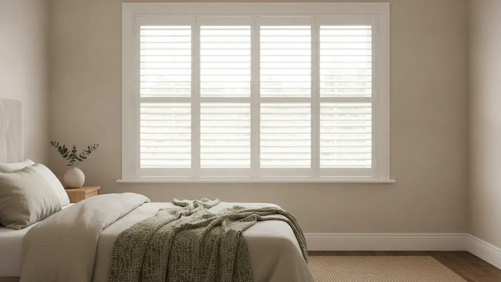 White PVC plantation shutters fitted in a Riverina rental property bedroom window
