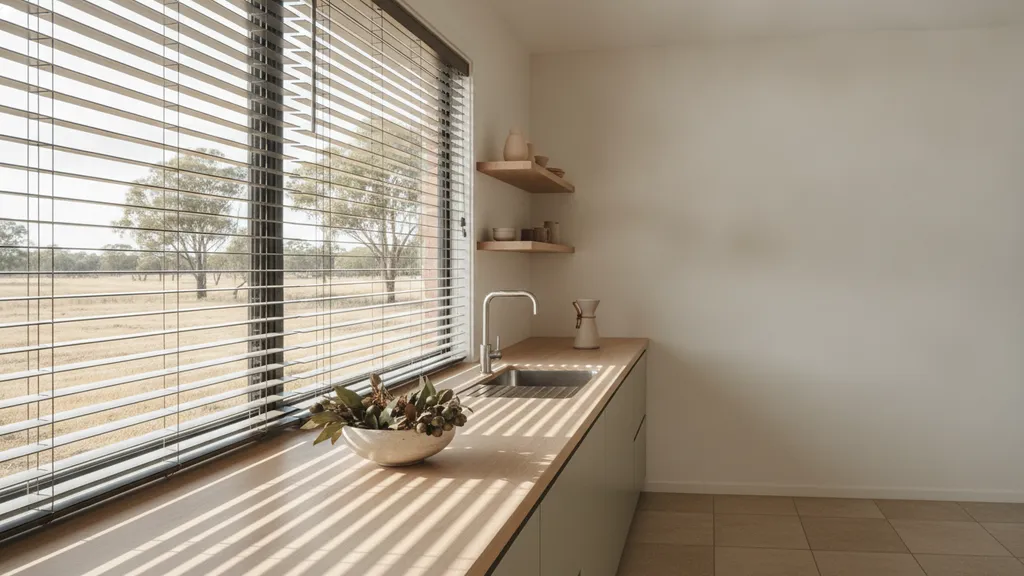Aluminium venetian blinds fitted in a rental property kitchen in the Riverina NSW