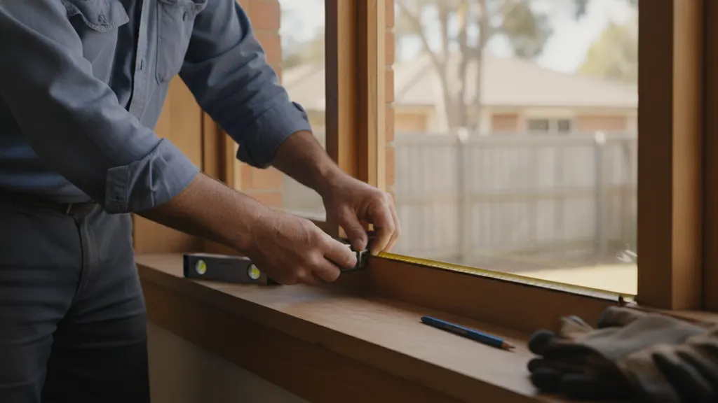 Installer measuring a window reveal with a steel tape before fitting plantation shutters in a Riverina NSW home