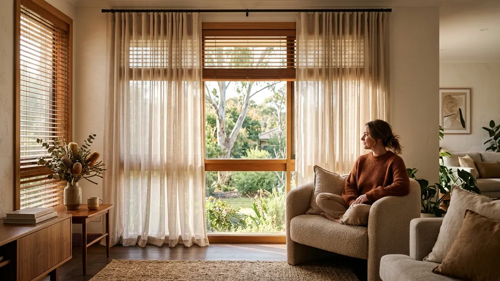 external zipscreen and plantation shutter installations shown side by side on windows of NSW Riverina home