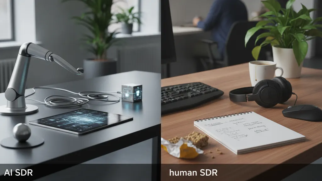 Conversion funnel comparison showing AI SDR and human SDR meeting-to-opportunity conversion rates across 2026 benchmarks