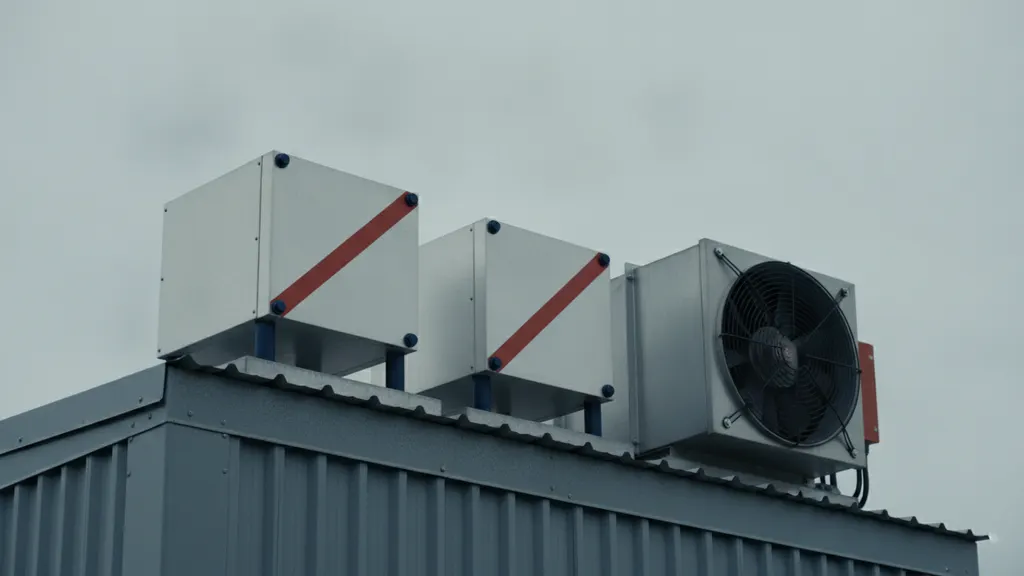 Outdoor containerized BESS enclosures at a utility-scale solar plant showing NFPA 855 separation spacing and roof deflagration vent panels